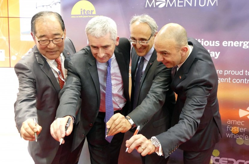 A mega contract for assembly-phase construction management was signed on 27 June 2016 by (left to right) Jo Jik-Lie, president of KEPCO's nuclear division; Clive White, president of Amec Foster Wheeler's Clean Energy business; Bernard Bigot, ITER Director-General; and Stephane Aubarbier, vice president of Assystem. (Click to view larger version...)